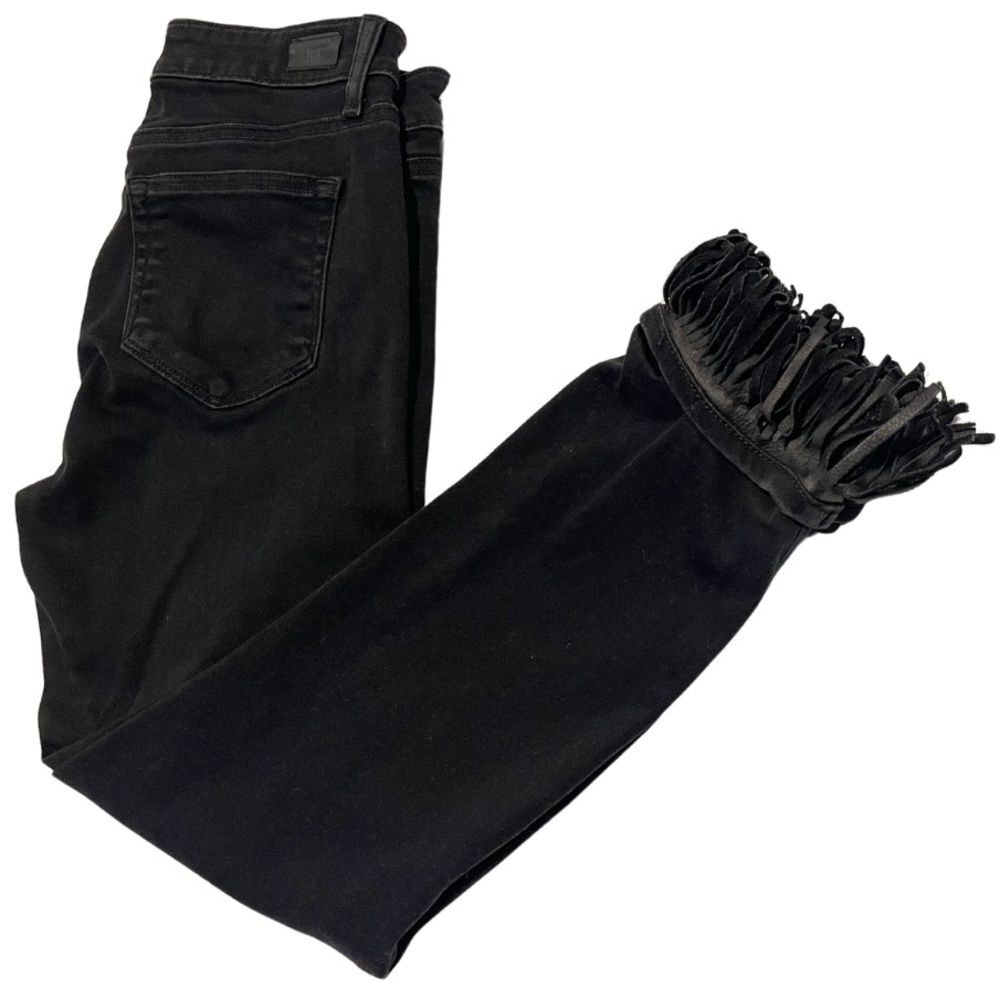 PAIGE Black Genuine Leather Fringe Black Denim Jeans